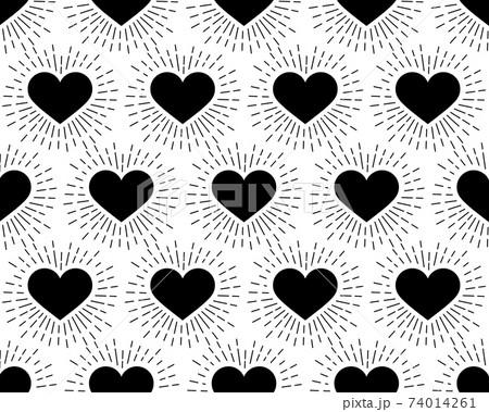 Seamless pattern. Black Heart with rays on a white background. Vector illustration. The idea for holiday designs, greeting cards, holiday prints, designer packaging, stylish textile, etc. 74014261
