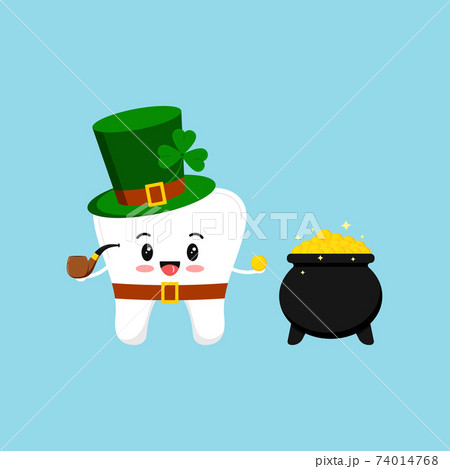 St Patrick day tooth in leprechaun costume with pot of gold. 74014768