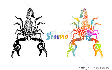 Scorpion of multicolored patterns. T-shirt print. Scorpio zodiac sign. Mixed media. Vector illustration Scorpion of multicolored patterns. T-shirt print. Scorpio zodiac sign. Mixed media. Vector illustration 74015019