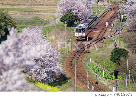 【のと鉄道】桜咲く西岸駅の俯瞰 【のと鉄道】桜咲く西岸駅の俯瞰 74015075