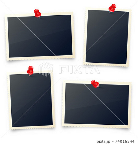 Realistic blank photo card frame, film set. Retro vintage photograph with red push pins. Digital Realistic blank photo card frame, film set. Retro vintage photograph with red push pins. Digital 74016544