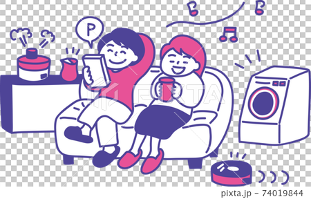 オート家電で家事を楽してゆとりある時間を過ごす夫婦のイラスト オート家電で家事を楽してゆとりある時間を過ごす夫婦のイラスト 74019844