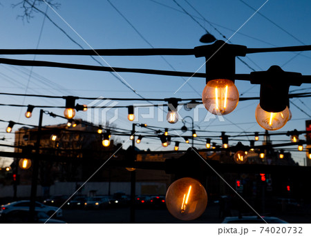 Light bulbs on the evening blue sky. 74020732