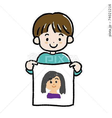 お母さんの似顔絵を描いた男の子のイラストのイラスト素材