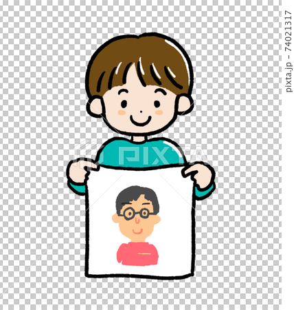 お父さんの似顔絵を描いた男の子のイラストのイラスト素材