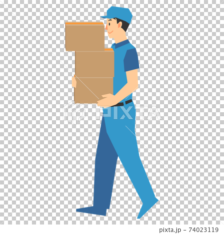 段ボールの荷物を3つ運ぶ配達業者のイラスト 74023119