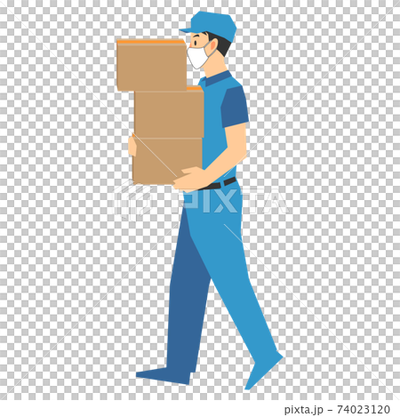 段ボールの荷物を3つ運ぶ配達業者のイラスト マスク有り 段ボールの荷物を3つ運ぶ配達業者のイラスト マスク有り 74023120