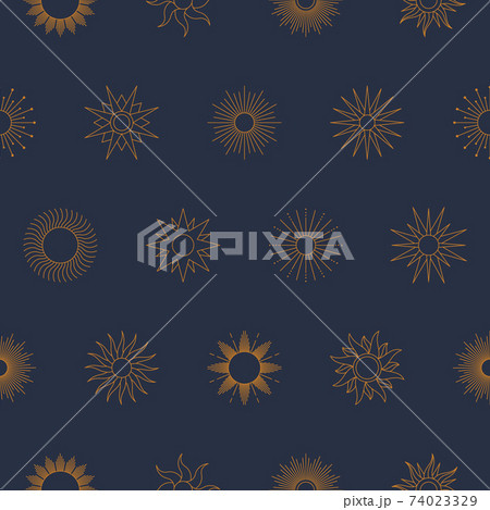 Boho Golden Sun Seamless Pattern in Minimal Liner Style. Vector Blue Background for Fabric print, Cover, Wrapping. 74023329