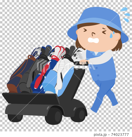 ゴルフ場で働く女性キャディのイラスト。キャディバッグを乗せた重いカートを押して疲れてる女性。 74023777
