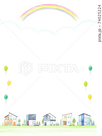 虹がかかる街並み　水彩イラスト　A4縦 74025224