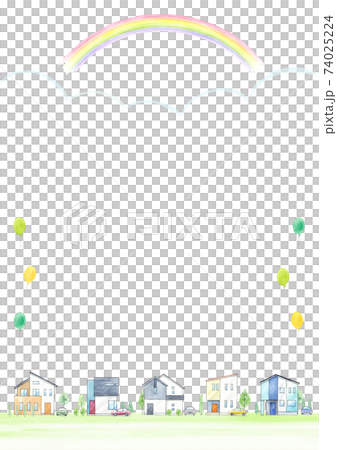 虹がかかる街並み　水彩イラスト　A4縦 74025224