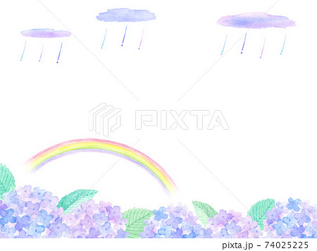 虹とあじさいと雨の水彩イラストのイラスト素材