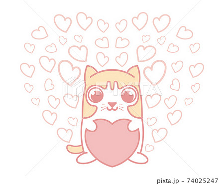 Cute cat holding pink heart with group of small hearts. Cute cat holding pink heart with group of small hearts. 74025247