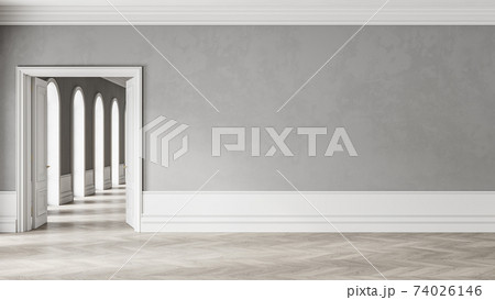 Classic gray and white empty interior with moldings, open door and wooden floor. 3d render illustration mock up. 74026146