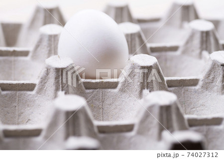 Raw egg carton box with one egg close-up. Gray egg carton. Waste paper container for packing raw eggs. Packing material. Egg box Raw egg carton box with one egg close-up. Gray egg carton. Waste paper container for packing raw eggs. Packing material. Egg box 74027312