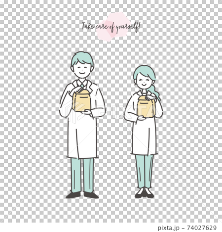 薬の受け渡しをする男女の薬剤師のイラスト 74027629