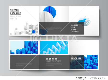 Vector layout of square covers design templates for trifold brochure, flyer, magazine, cover design, book design. 3d render vector composition with dynamic realistic geometric blue shapes in motion. 74027735