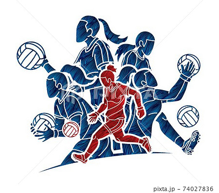 Group of Gaelic Football Women Players Action Cartoon Graphic Vector. 74027836