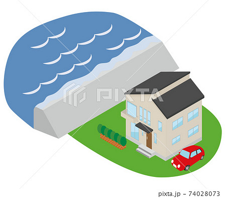 高潮が起きて堤防を海水が超えているイラストのイラスト素材