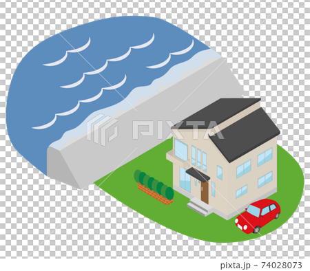高潮が起きて堤防を海水が超えているイラスト 高潮が起きて堤防を海水が超えているイラスト 74028073