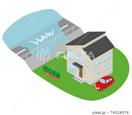 住宅そばの河の水が越水しているイラスト 住宅そばの河の水が越水しているイラスト 74028074