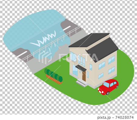 住宅そばの河の水が越水しているイラスト 住宅そばの河の水が越水しているイラスト 74028074