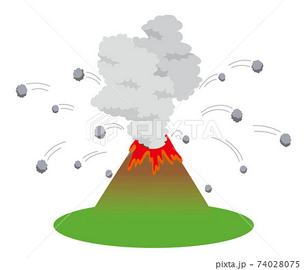 噴火して噴煙を上げ 噴石を飛ばす火山のイラストのイラスト素材