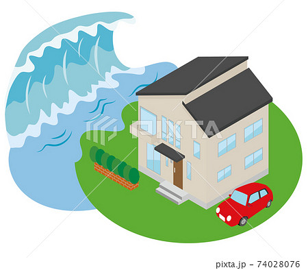 津波に襲われる家のイラストのイラスト素材