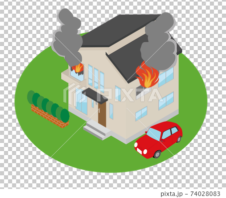火事が起きて室内が燃え 煙が上がる家のイラストのイラスト素材