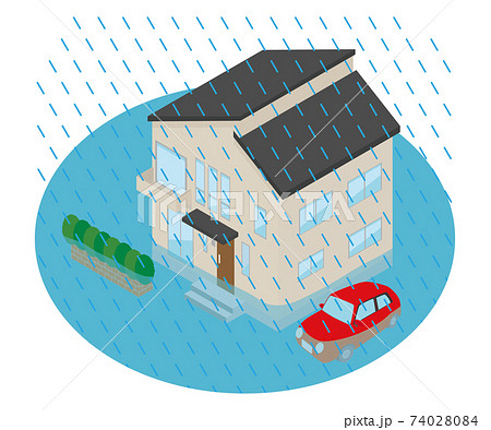 大雨が降って冠水した家のイラスト. 大雨が降って冠水した家のイラスト. 74028084