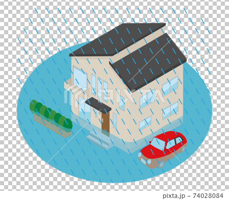 大雨が降って冠水した家のイラスト. 大雨が降って冠水した家のイラスト. 74028084