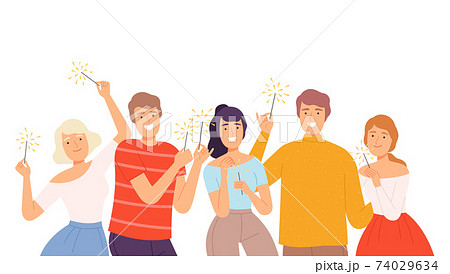 Happy People Holding Burning Sparklers, Joyful Guys and Girls Celebrating Christmas, Birthday Holidays Events Cartoon Style Vector Illustration Happy People Holding Burning Sparklers, Joyful Guys and Girls Celebrating Christmas, Birthday Holidays Events Cartoon Style Vector Illustration 74029634