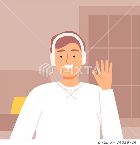 Man in Headphones Communicating from Home Using Computer, Video Call, Man Chatting with Friends or Working Online, Quarantine, Isolation Concept Vector Illustration Man in Headphones Communicating from Home Using Computer, Video Call, Man Chatting with Friends or Working Online, Quarantine, Isolation Concept Vector Illustration 74029724