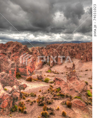 sandstone rock formation at Imata in Salinas and Aguada Blanca National Reservation, Arequipa, Peru 74031023