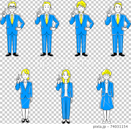 解釋用食指的商人和女商人的整個身體的例證套被舉 74031154