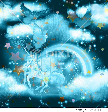 夜空に輝く星座と天を舞うユニコーンとふわふわの雲のシームレスパターンイラスト 74031198