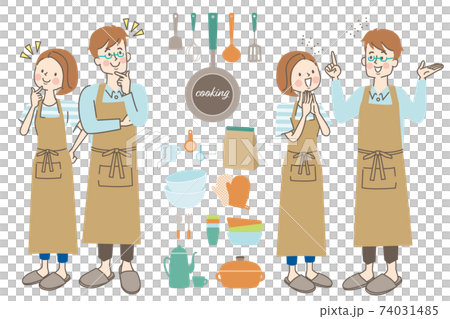 Men and women in aprons and kitchen set - Stock Illustration [74031485 ...
