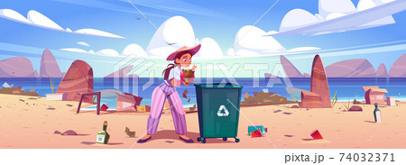 Woman collects trash to garbage bin on sea beach Woman collects trash to garbage bin on sea beach 74032371