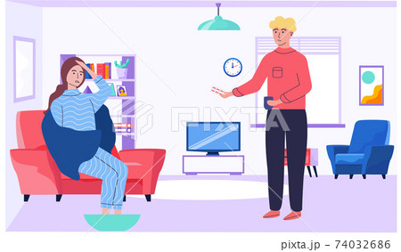 Woman is suffering from headache and soaring feet. Guy gives girl pills and supports her at home 74032686