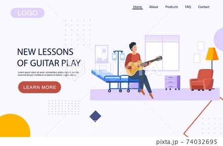 Website with new lessons of guitar play. Guy at hospital ward playing guitar and composing songs. 74032695