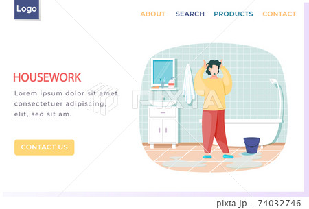 Housework landing page template with man in bathroom washes floor scared poured water from bucket 74032746