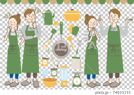 Men and women in aprons and kitchen set 74033155