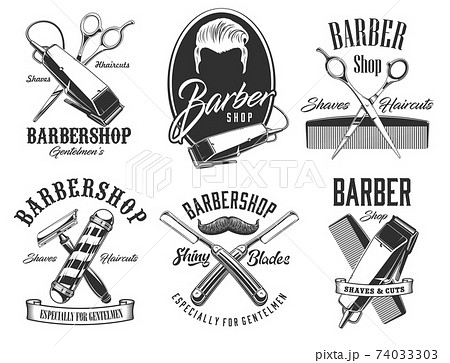 Haircut head, mustaches, scissors barbershop signs Haircut head, mustaches, scissors barbershop signs 74033303