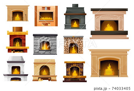 Fireplace and fire isolated icons, interior design 74033405
