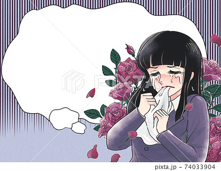 レトロ少女漫画風 ハンカチを噛んで悔しがる 大泣きのol 薔薇を背負う ふきだしのイラスト素材