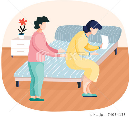 Family members communicating at home sitting on bed with paper sheet, friends conversation Family members communicating at home sitting on bed with paper sheet, friends conversation 74034153