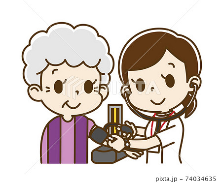 女性看護師から血圧測定を受ける高齢女性のイラスト素材