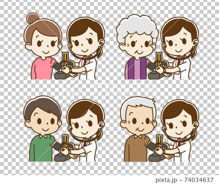 女性看護師から血圧測定を受ける人セットのイラスト素材