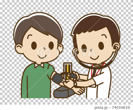 Young man receiving blood pressure measurement from a male nurse Young man receiving blood pressure measurement from a male nurse 74034639