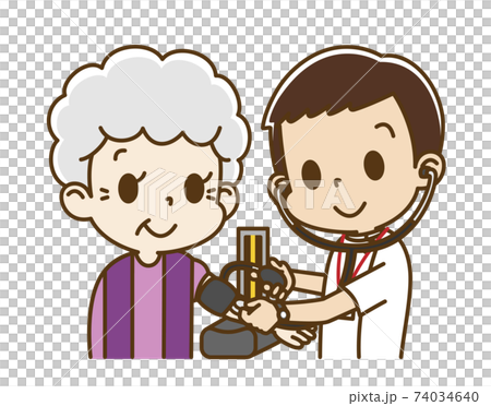 Elderly woman receiving blood pressure measurement from a male nurse Elderly woman receiving blood pressure measurement from a male nurse 74034640